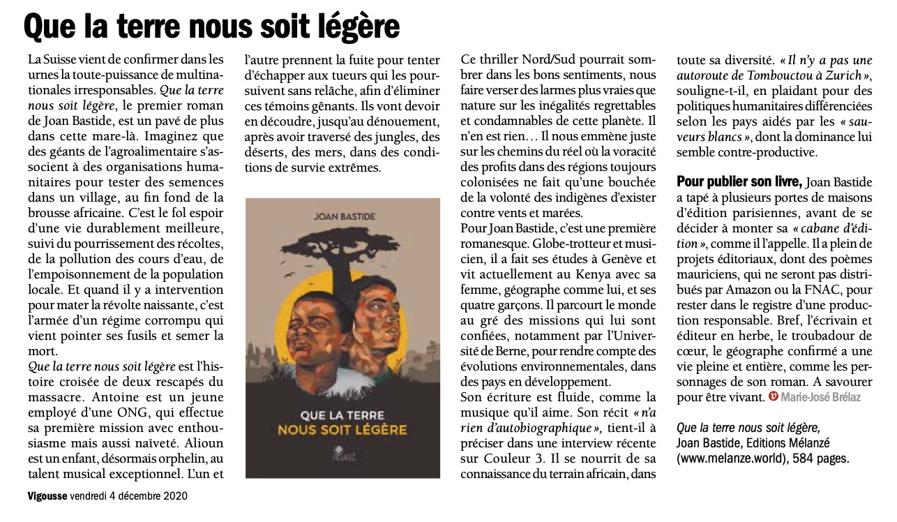 Que la terre nous soit légère, by Joan Bastide, in the Swiss weekly Vigousse, December 4-10, 2020